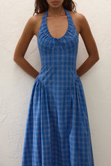 Del Ros Midi Dress Flor Check Cobalt