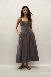 Olas Midi Dress Rocio Pinstripe Chocolate Plum - Final Sale