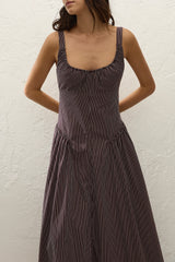 Olas Midi Dress Rocio Pinstripe Chocolate Plum - Final Sale