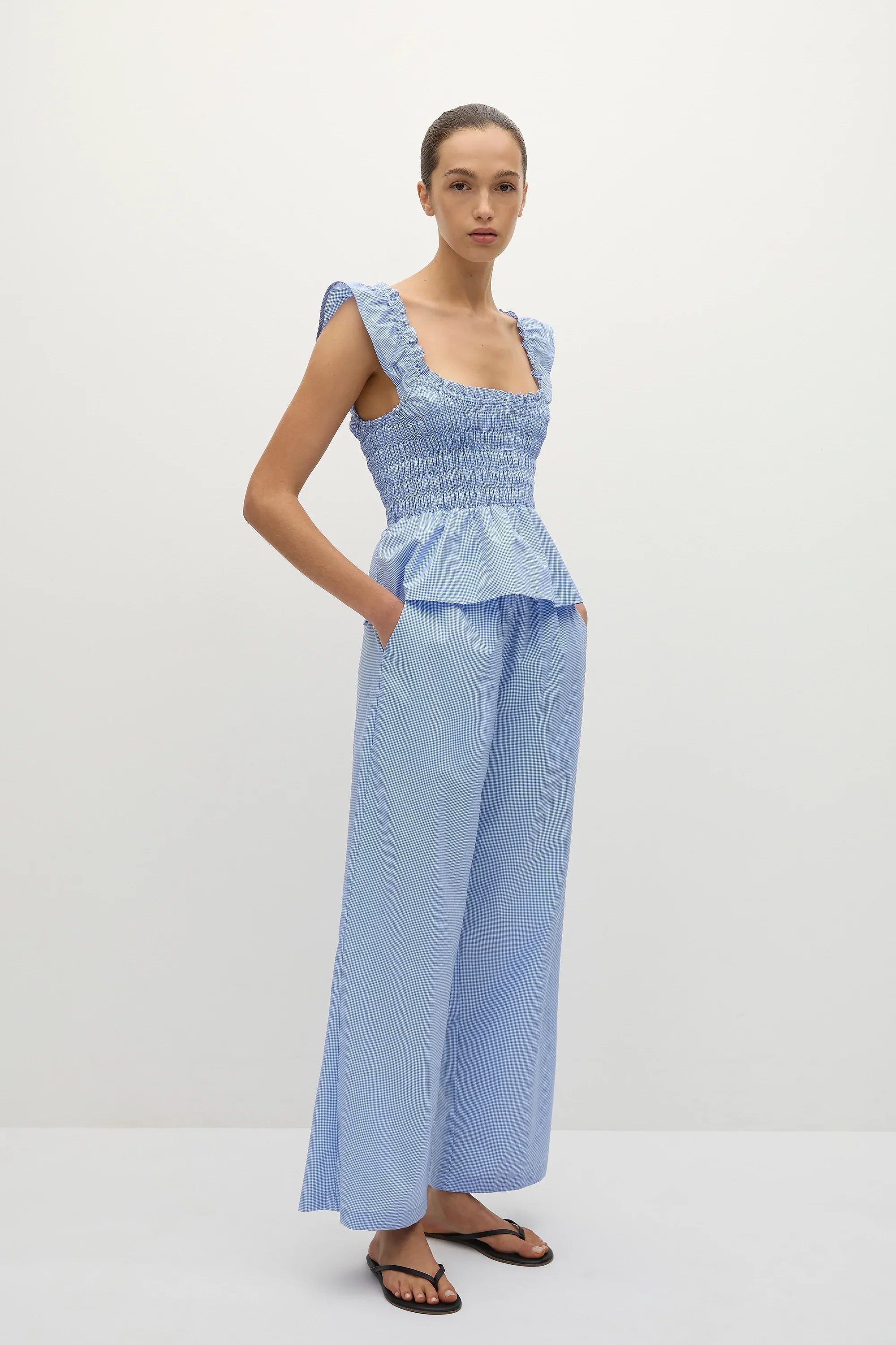 Martine Pant Micro Gingham Soft Blue - Final Sale