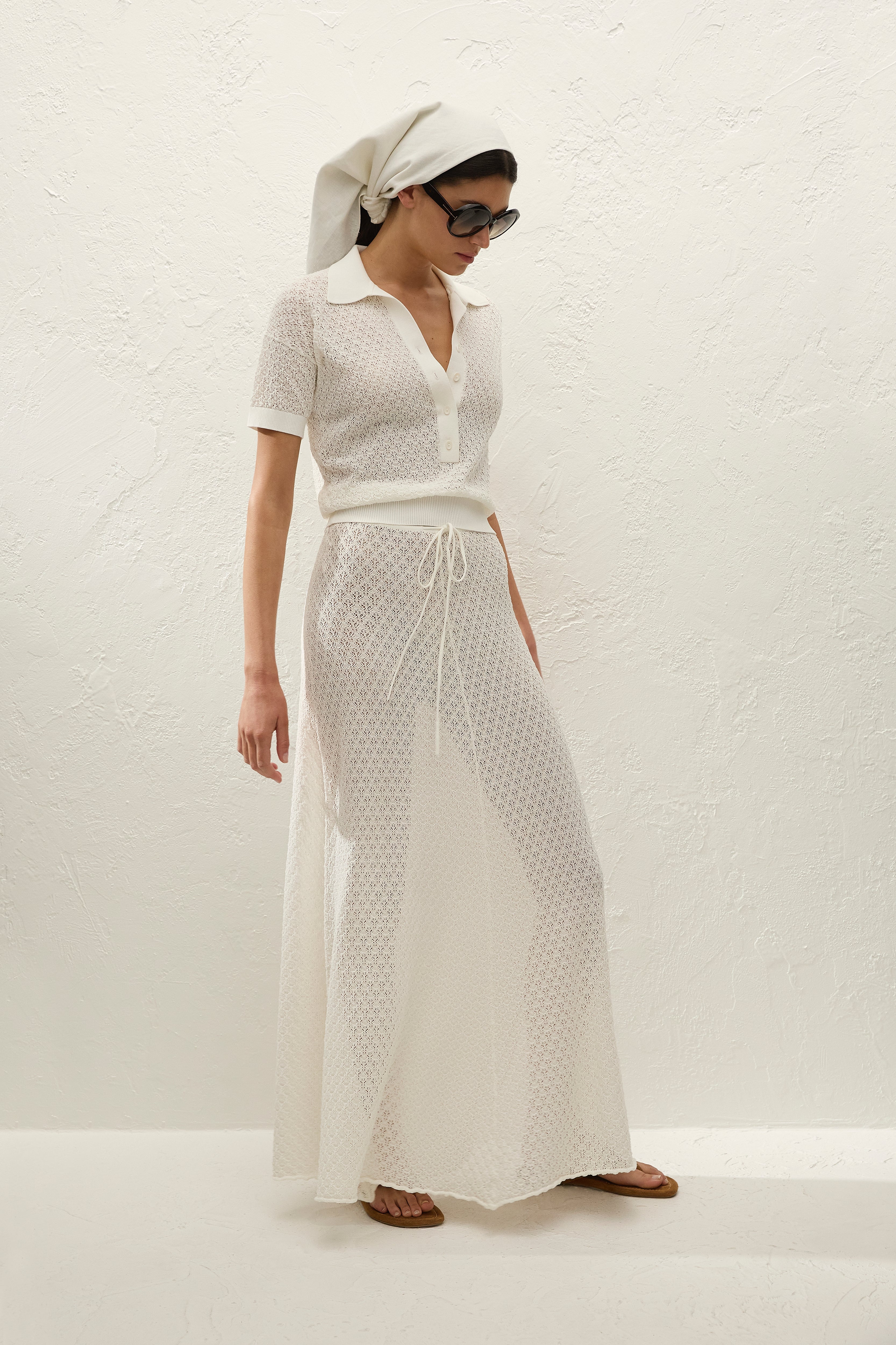Lenna Polo Top Pointelle Lace Vintage White - Final Sale