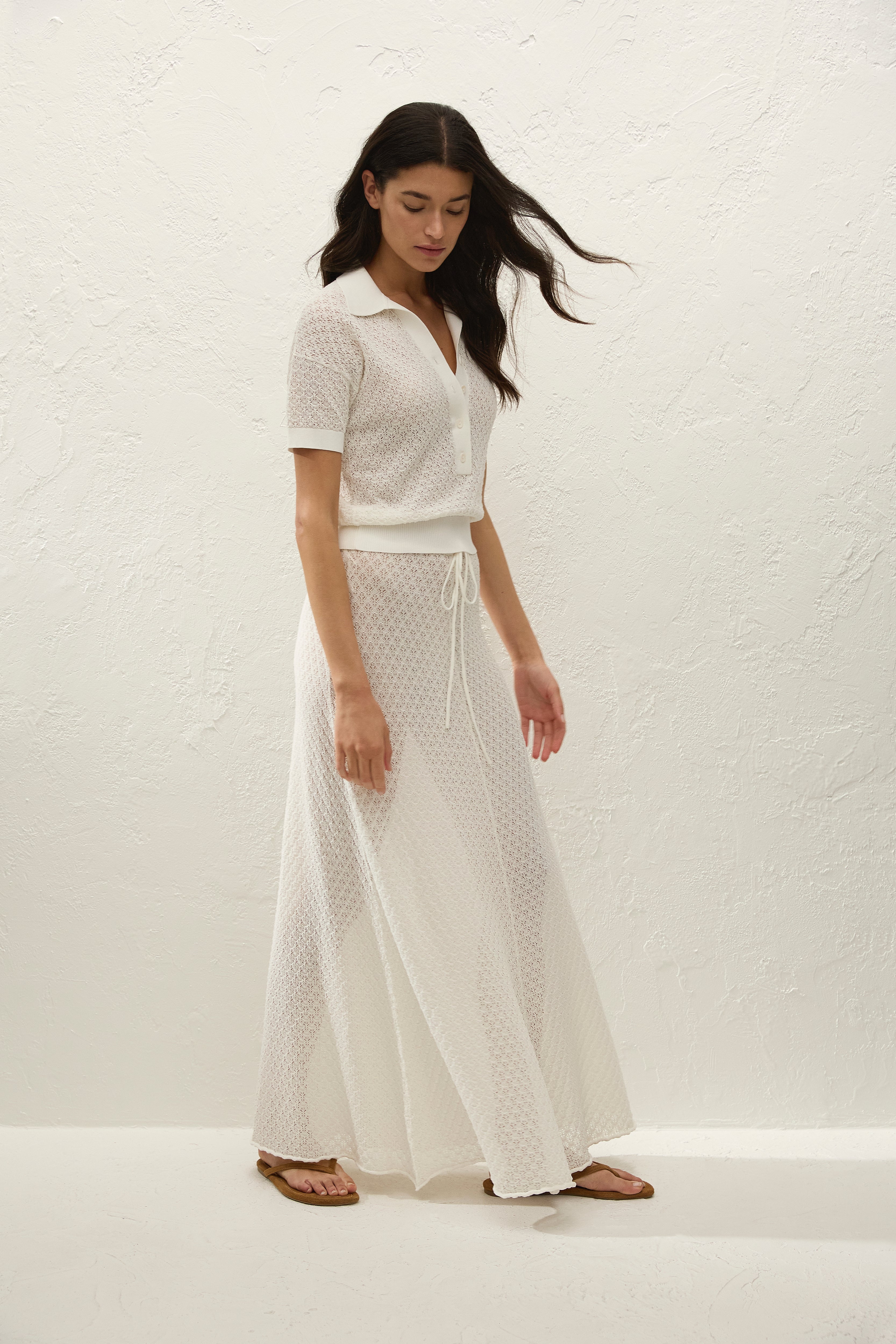 Lenna Polo Top Pointelle Lace Vintage White - Final Sale