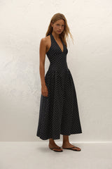 La Cala Midi Dress Lola Polka Dot Black Cream