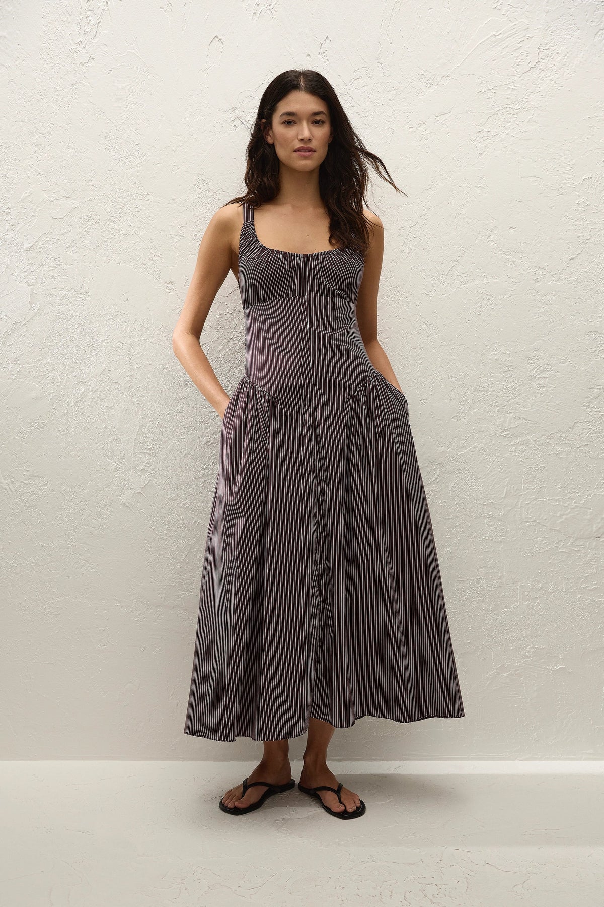 Olas Midi Dress Rocio Pinstripe Chocolate Plum - Final Sale