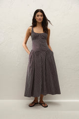 Olas Midi Dress Rocio Pinstripe Chocolate Plum - Final Sale