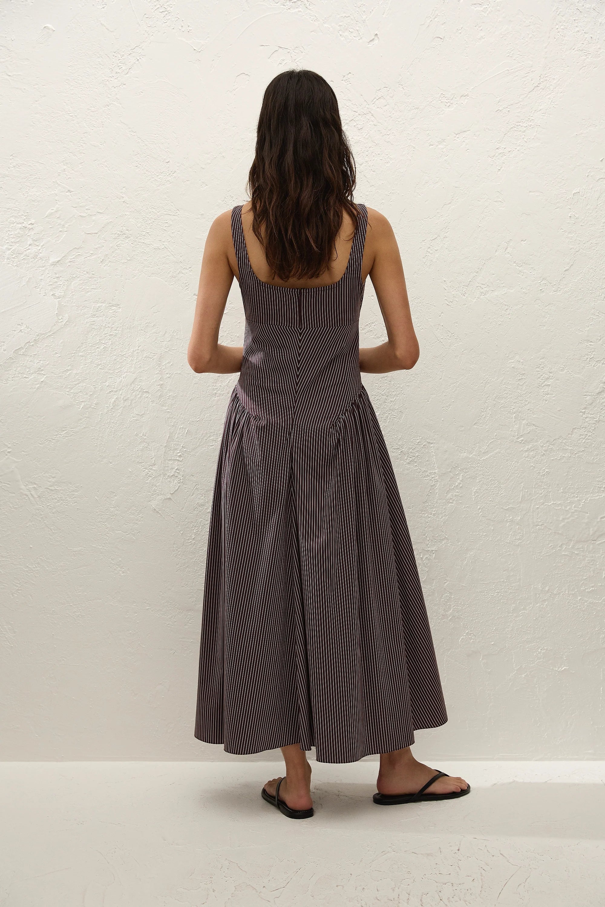 Olas Midi Dress Rocio Pinstripe Chocolate Plum - Final Sale