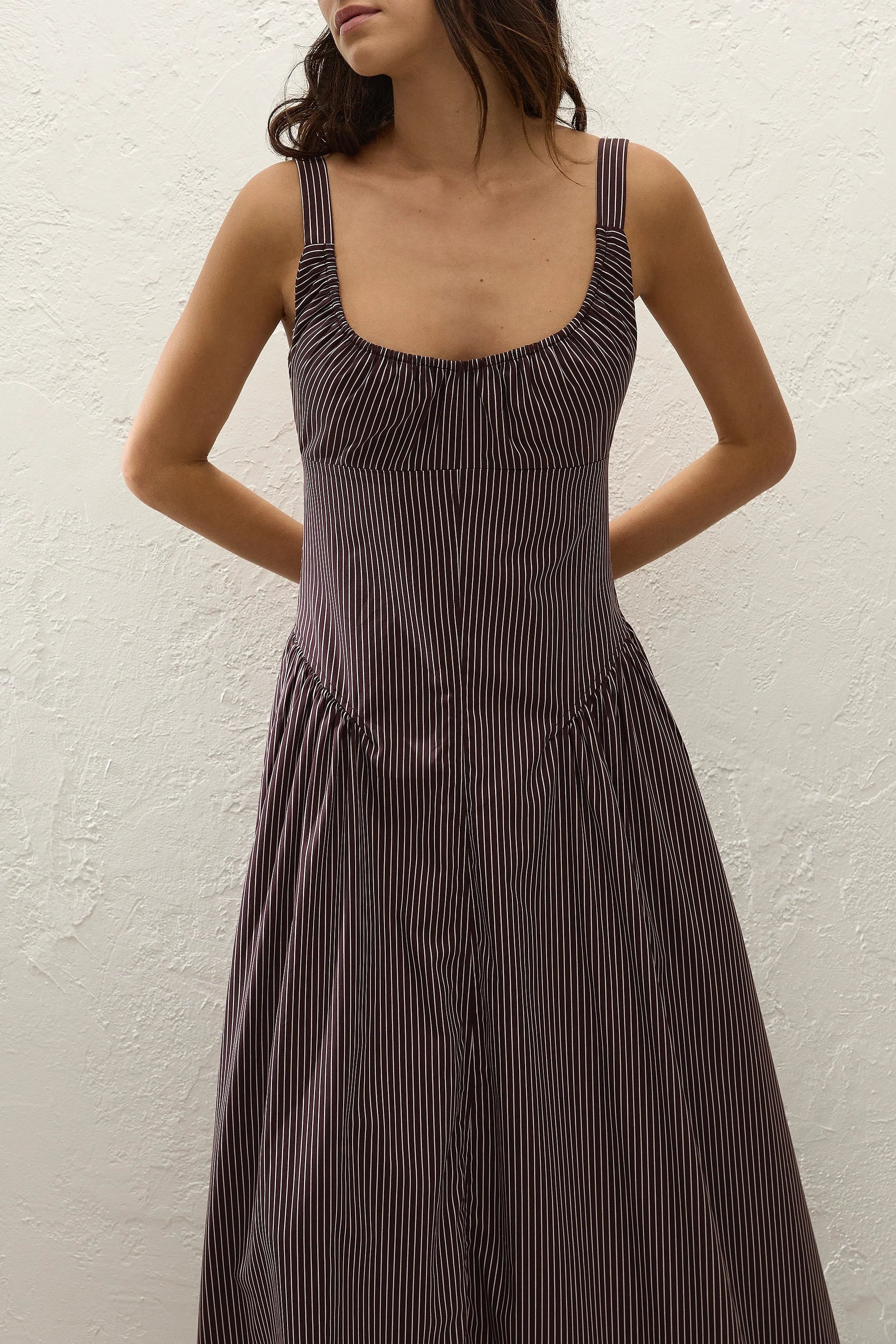 Olas Midi Dress Rocio Pinstripe Chocolate Plum - Final Sale