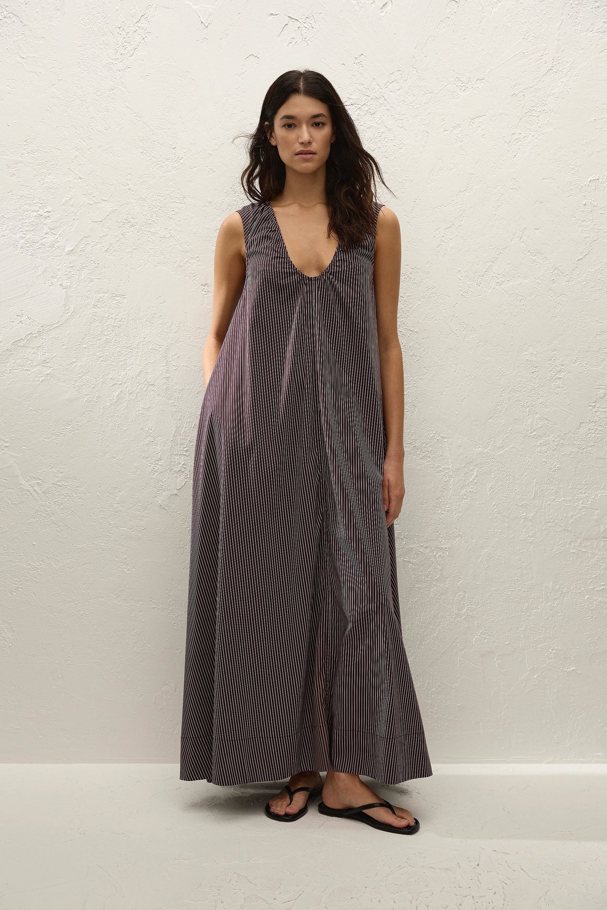 Pedrera Maxi Dress Rocio Pinstripe Chocolate Plum - Final Sale