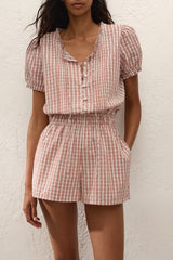 Emilie Playsuit Paloma Check Cinnamon White